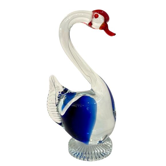 Art Glass Blown Swan Figure with Clear/Blue Glass Body and Bright Red Bill-Nice! - Picture 4 of 7